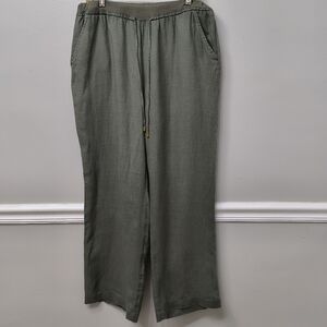EllenTracy 100% Linen Green Drawstring Women's Pants Large Pockets Casual Summer